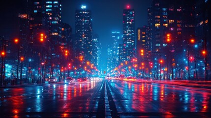 Obraz premium Night Cityscape Illuminated with Vibrant Lights and Rain Reflecting on Wet Streets