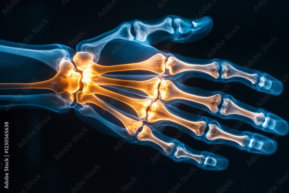 Aufkleber detailed view of a human hand skeleton showcasing joint structure and bone alignment with glowing hi