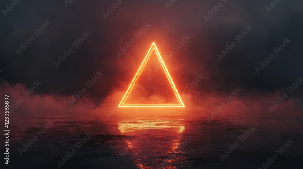 Poster a triangle is lit up in red and is in the middle of a foggy area. the triangle is surrounded by smok