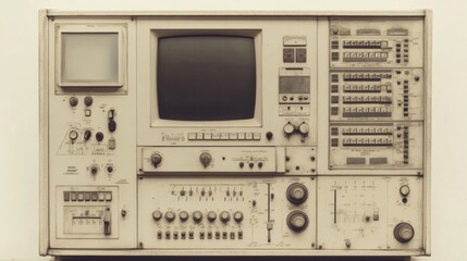 Vintage beige control panel with knobs, switches, and a monitor.