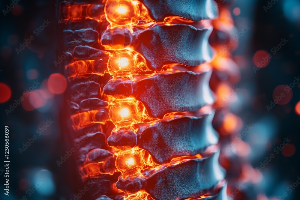 Poster 3D rendering of a glowing human spine showcasing intricate vertebral structure and vibrant details