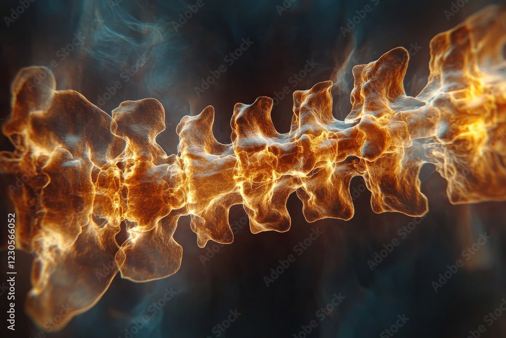 Poster 3d visualization of a human spine illuminated with vibrant colors against an abstract background