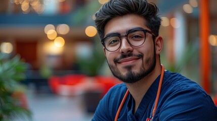 Fototapeta premium Young Male Doctor Smiling with Stethoscope in Modern Clinic Setting