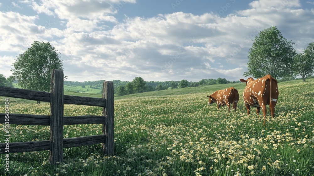 Poster two cows are grazing in a field with a wooden fence in the background