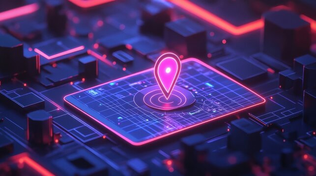 Illustrative concept of geofencing: Digital map with marked virtual boundaries, a location pin, and a smartphone displaying a geofencing app, demonstrating location-aware technology.