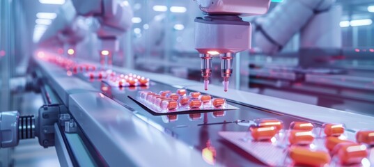 Advanced Pharmaceutical Facility with Automated Pill Packaging Robots for Efficient Medicine Production