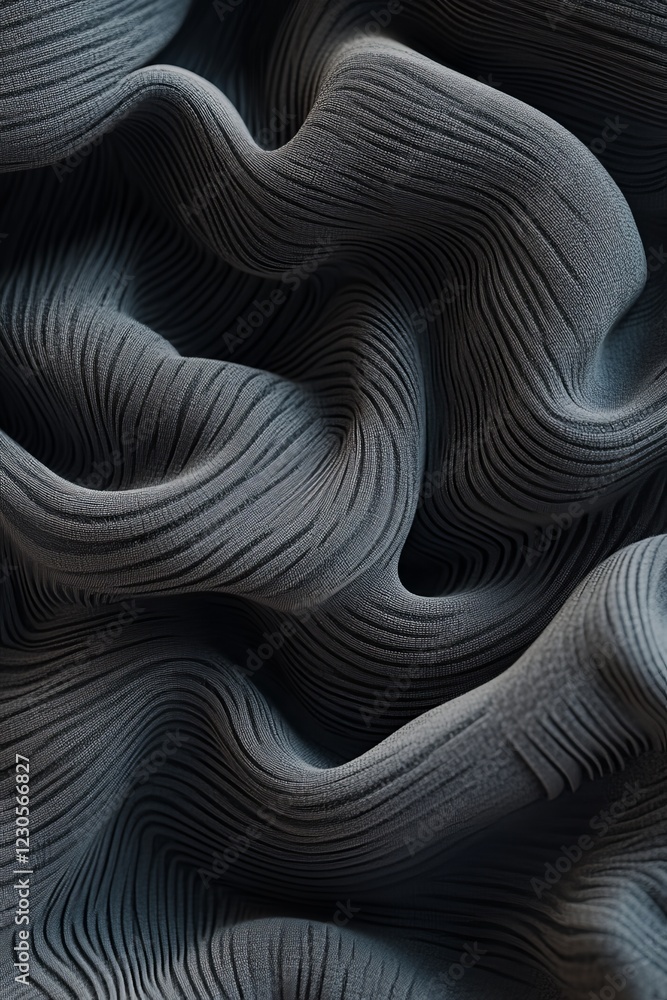 Poster close-up view of textured waves in dark fabric showcasing intricate lines and folds. this abstract i