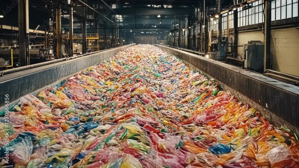 Poster a large vat filled with colorful shredded plastics waiting to be processed into new products capturi