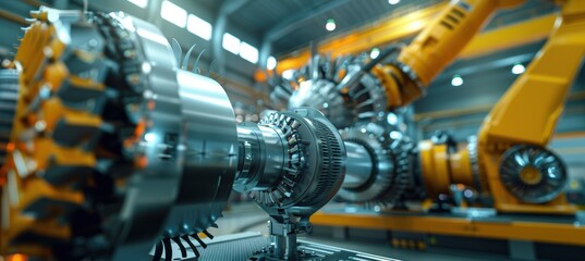 Fototapeta premium Advanced Robotic Arm Assembling Industrial Turbines in a Cutting-Edge Facility