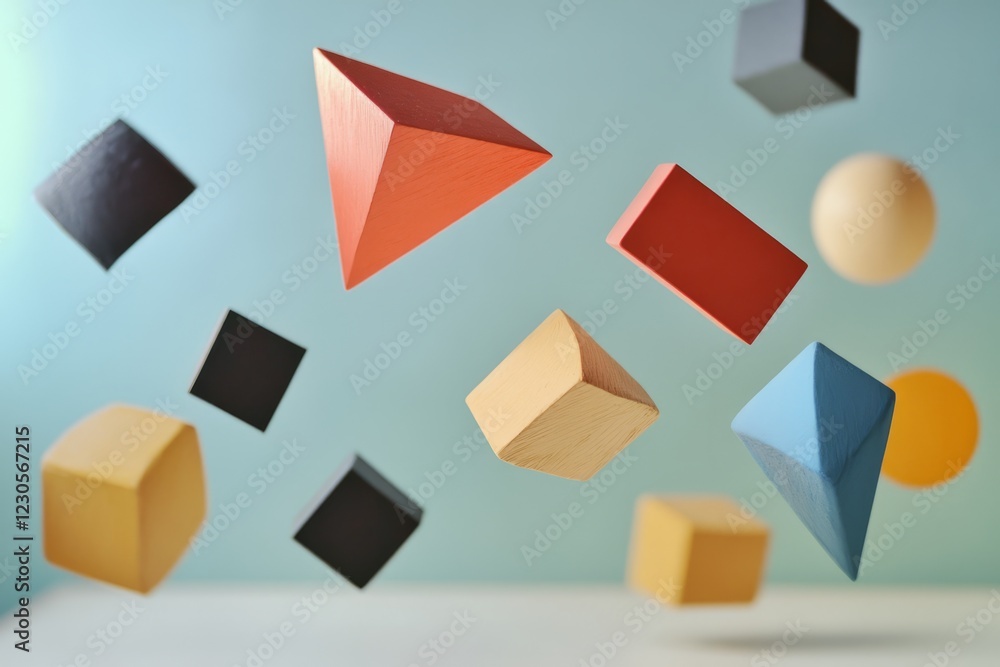 Poster vibrant geometric shapes suspended in mid-air, creating a dynamic and minimalist abstract scene agai