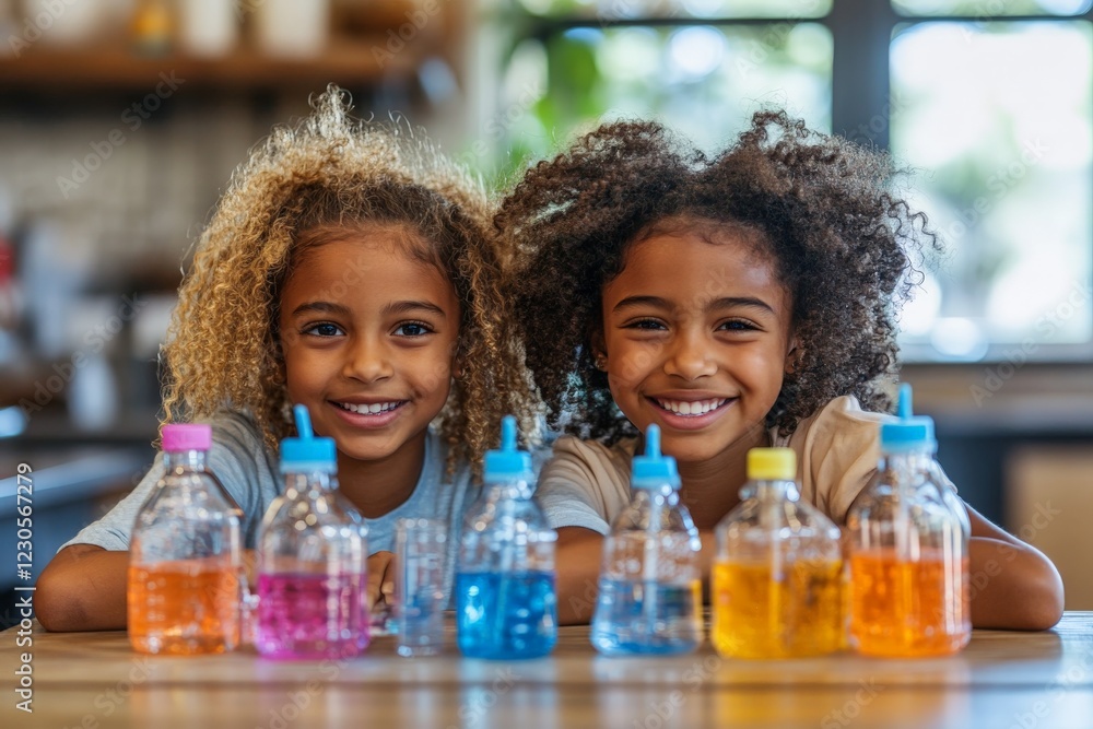 Poster smiling children enjoying colorful science experiment with bottles in a bright kitchen