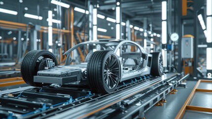 Futuristic Electric Vehicle Manufacturing with Advanced Machinery and Conveyor Systems