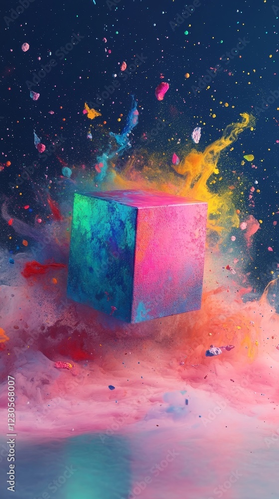 Aufkleber a stunning abstract cube surrounded by vibrant smoke and colorful particles, creating a dynamic and 