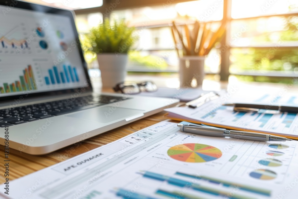 Poster modern workspace with accounting journals and financial dashboard for efficient analysis