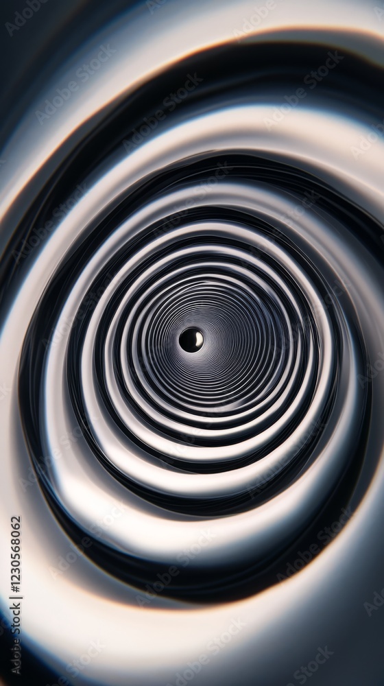 Poster A captivating abstract image featuring a metallic spiral pattern with concentric circles and a reflective surface in monochrome tones.