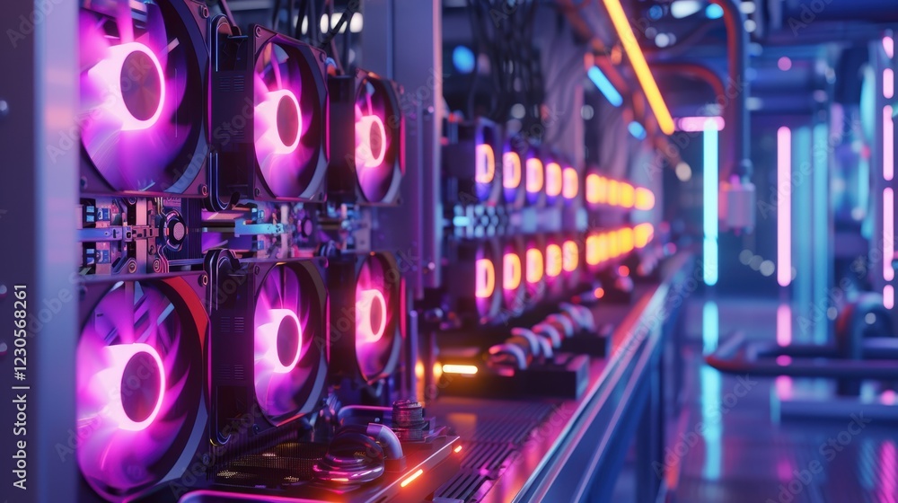 Poster modern electronics factory: robotic assembly of high-performance gpus with vibrant led lighting