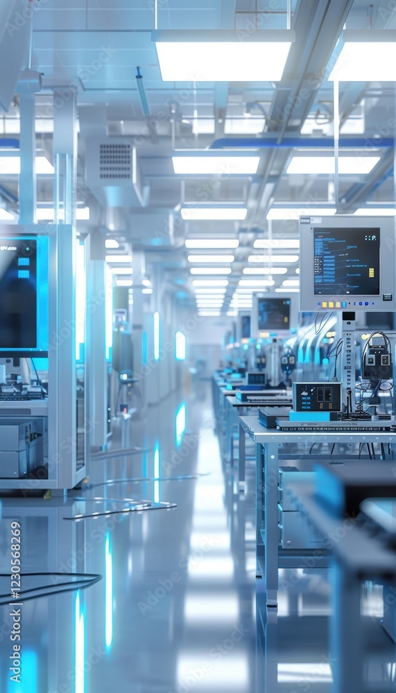 Poster modern electronics factory: automated assembly lines for high-performance gaming consoles