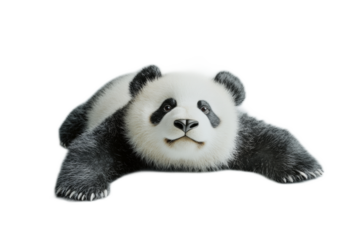 A baby panda lays on its back with its head tilted to the side