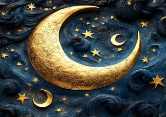 Golden Crescent Moons and Stars Against a Dark Blue Celestial Backdrop