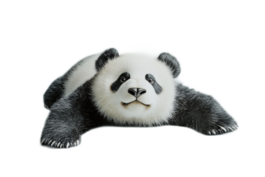 A baby panda lays on its back with its head tilted to the side