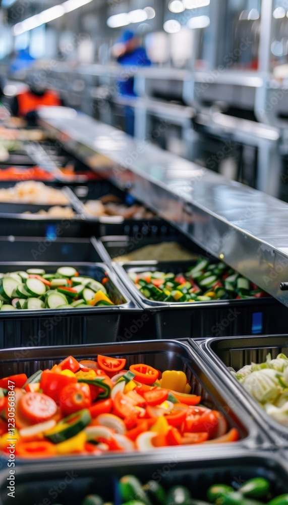 Poster clean food processing plant with robotic sorting and biodegradable packaging systems