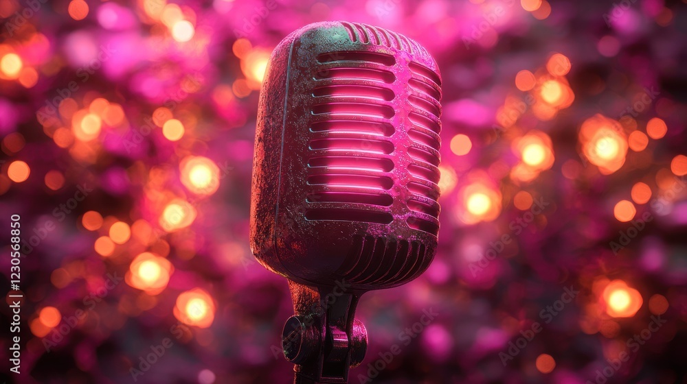 Poster retro microphone against a colorful bokeh background