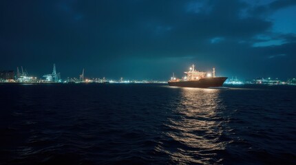 Illuminated Cargo Ship at Sea