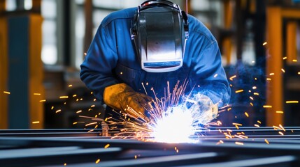 A detailed view of a welder fabricating metal structures in a workshop, Metal fabrication scene, Industrial welding style