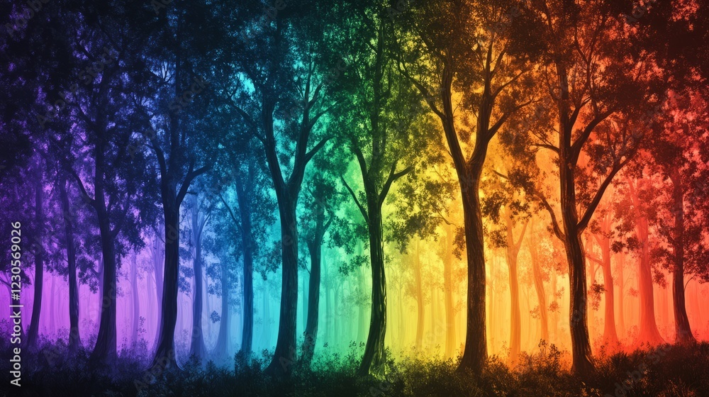 Poster enchanting forest scene with trees in a spectrum of rainbow colors, evoking a sense of wonder and ma