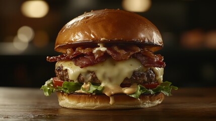 Delicious burger with melted cheese and crispy bacon on wooden table
