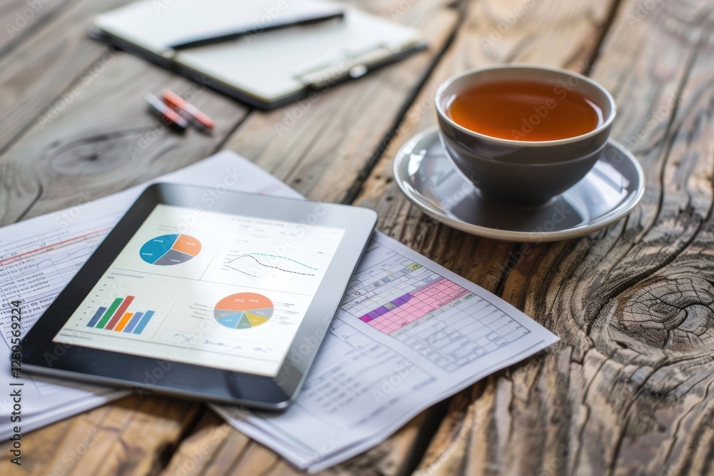 Poster organized workspace with tablet displaying financial data for business analysis and strategy plannin