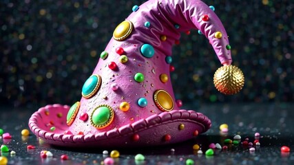 Mardi Gras banner with A pink hat with many colorful beads on it. The hat is sitting on a table with a lot of colorful beads scattered around it - Powered by Adobe