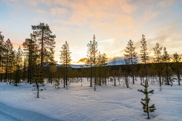 Beautiful winter landscape in Finnish Lapland around Akaslompolo, Finland