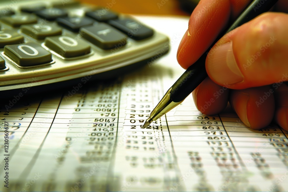 Aufkleber financial management tools: recording calculations with a calculator and software in background