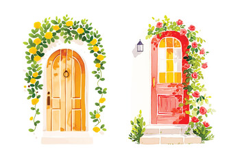 Watercolor spring wooden door entwined with flowers. Cute image suitable for cards, invitations, weddings, fabric making cozy door with flowers on white background