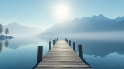 Tranquil scene of a wooden pier reaching into a misty lake, framed by mountains and a bright sunlit sky.