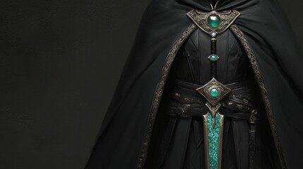 Dark sorcerer in elegant robe showcases mystical accessories and detailed designs during an enchanting fantasy gathering. Generative AI