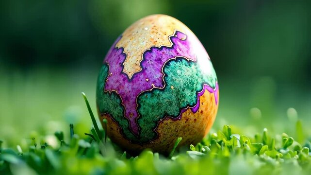 Mardi Gras banner with A colorful egg with a green and purple design sits on a patch of grass. The egg is surrounded by green grass, which gives the scene a peaceful and natural feel. The vibrant