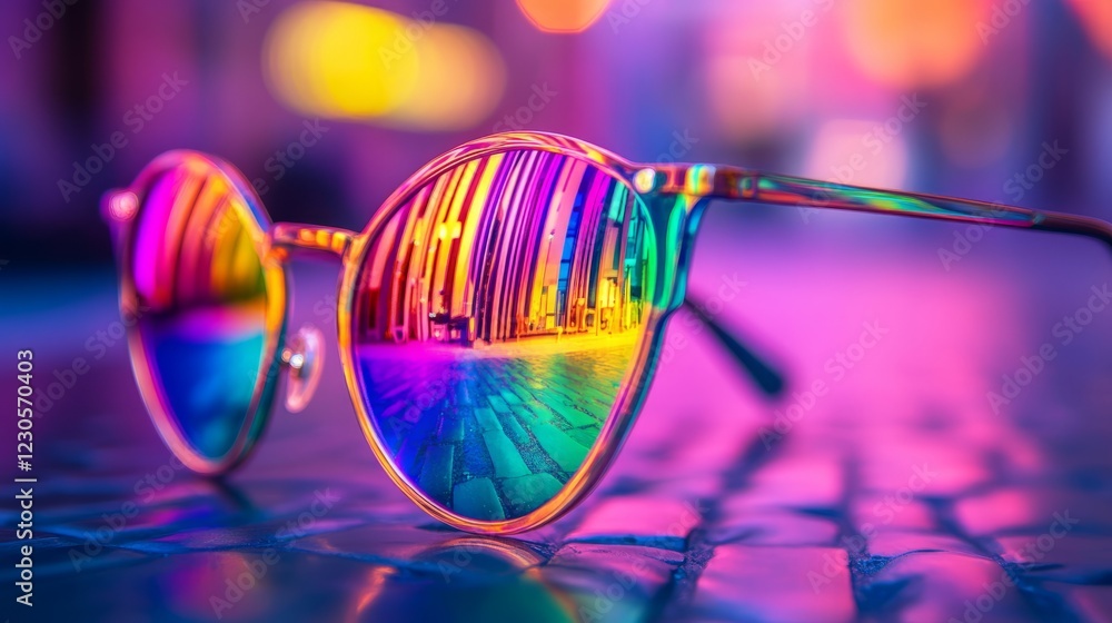 Poster close-up of sunglasses reflecting a vivid urban scene with neon lights, creating a colorful and dyna