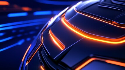 Futuristic close-up of a sleek, illuminated surface with vibrant orange and blue neon light