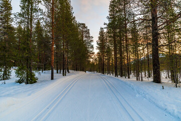 Beautiful winter landscape in Finnish Lapland around Akaslompolo, Finland