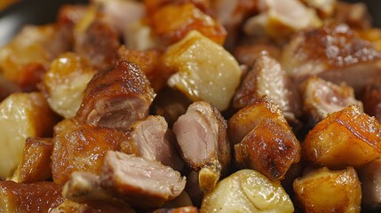 Crispy Roasted Pork Belly Cubes with Potatoes Close Up