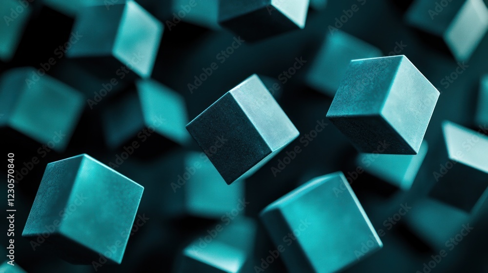 Poster abstract teal cubes floating in dark space.