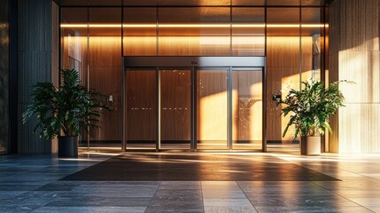 Office or hotel entrance with automatic sliding doors, emphasizing accessibility and modernity.