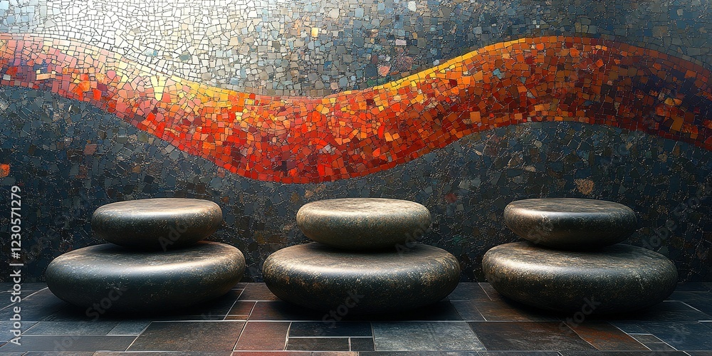 Poster modern stone benches in front of a vibrant mosaic wall with a flowing design create a unique artisti
