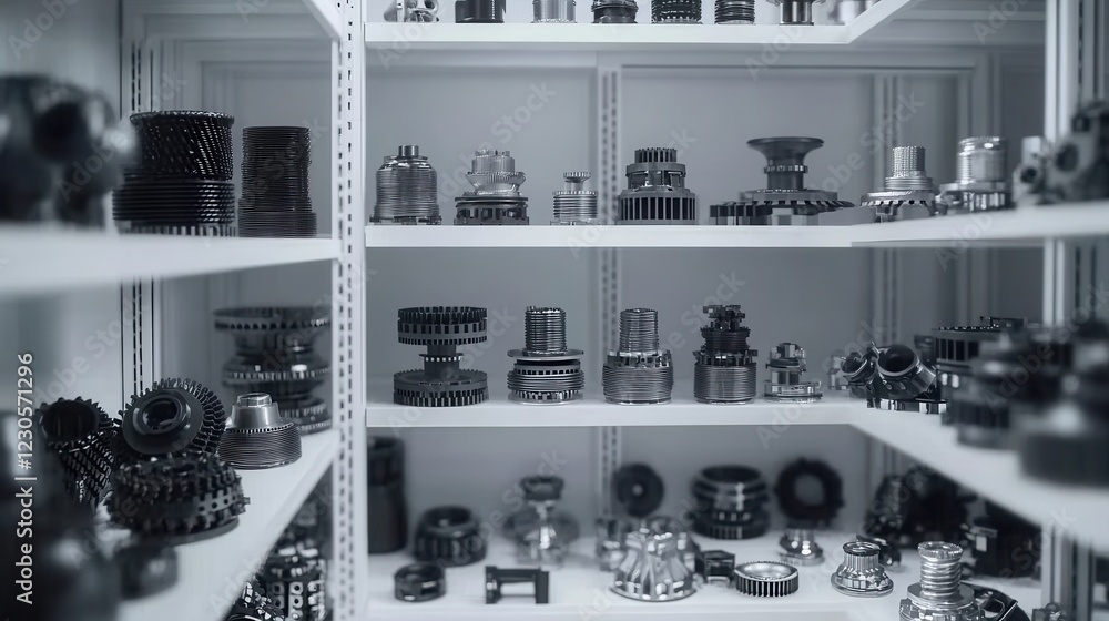 Poster diverse collection of mechanical components displayed on shelves in a well-organized workshop