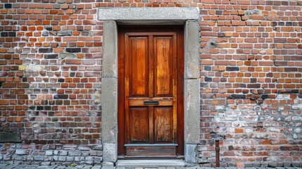 A simple wooden door framed by stone and brick, creating a rustic look against a textured brick wall..
