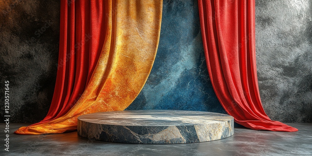 Poster elegant stage setup with vibrant drapes and marble platform for a performance or event