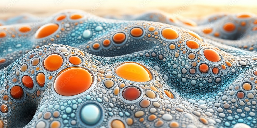 Poster intricate patterns created by colorful bubbles on a textured surface at sunset