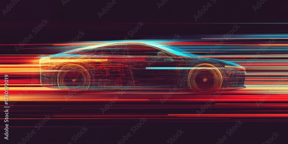 Poster a car is shown in a blurry image with a red background. the car is in the middle of the image and is